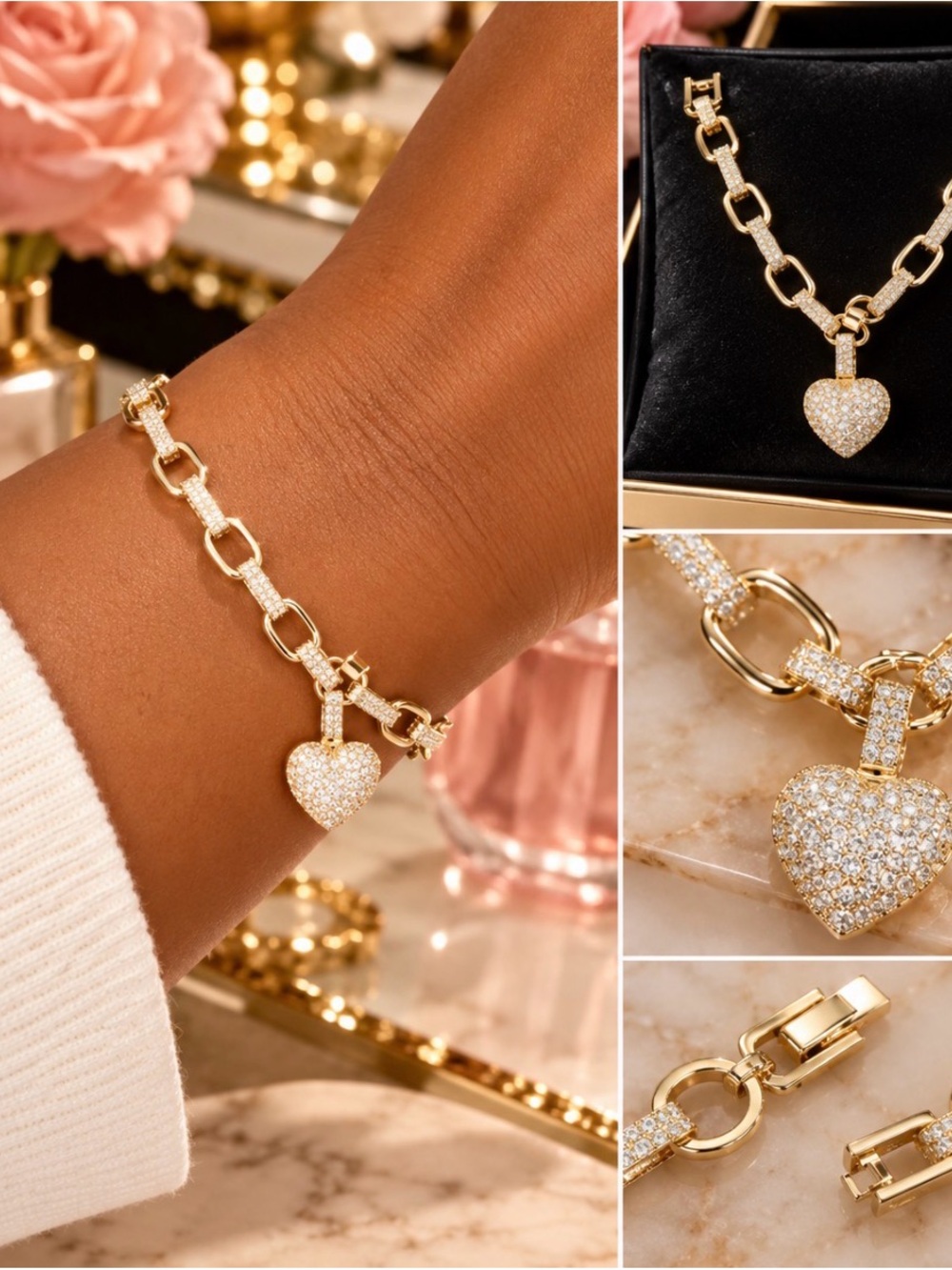 Gold Heart Pavé Charm Link Bracelet - Women Jewelry